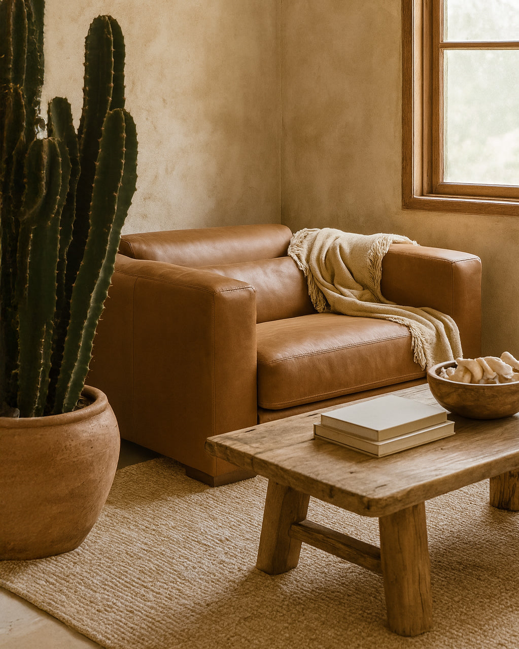 Leather Armchair in tan leather styled with a throw in a modern living room featuring a timber coffee table, cactus planter, and neutral textured rug