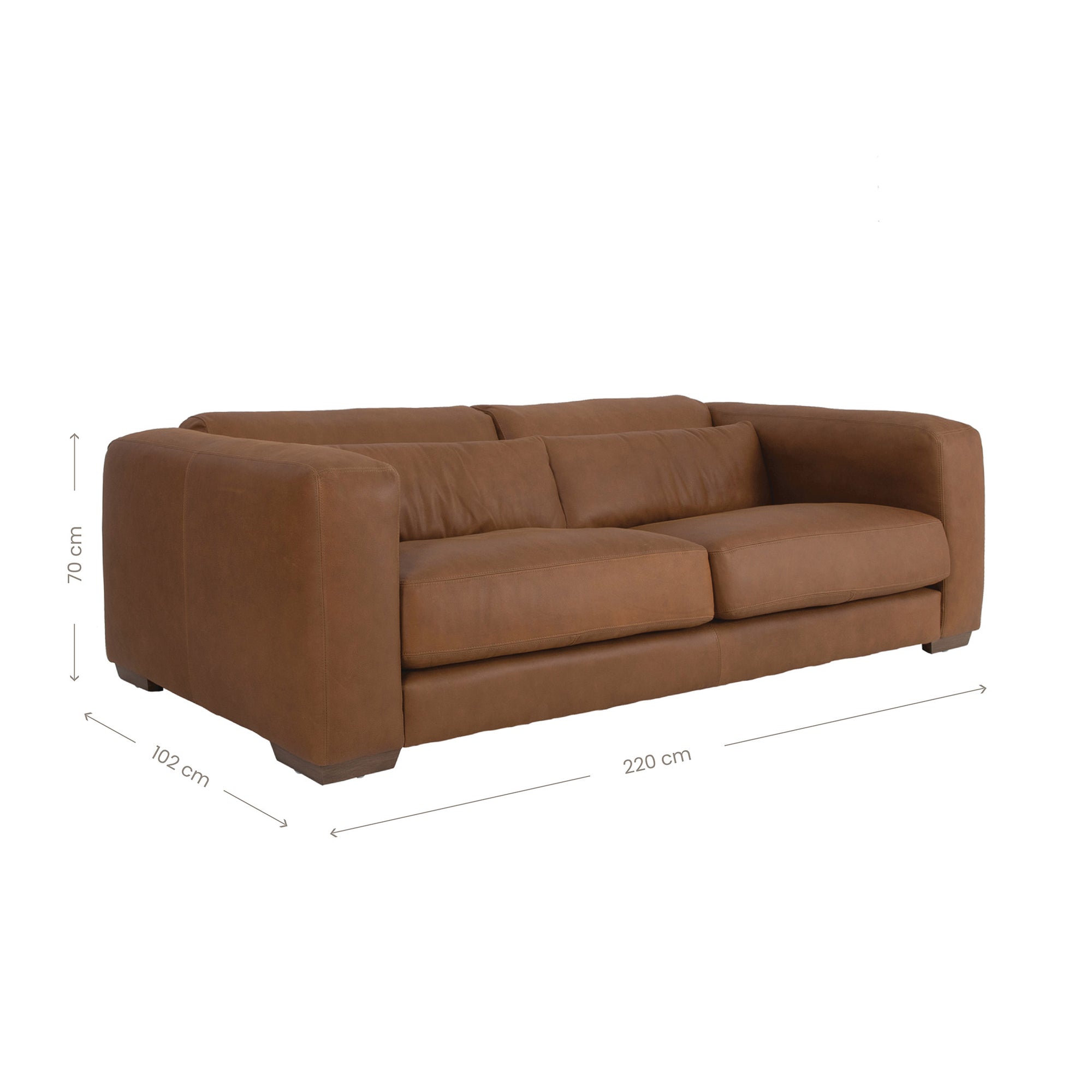 Modern leather upholstered sofa with soft, rounded cushions and light wooden legs