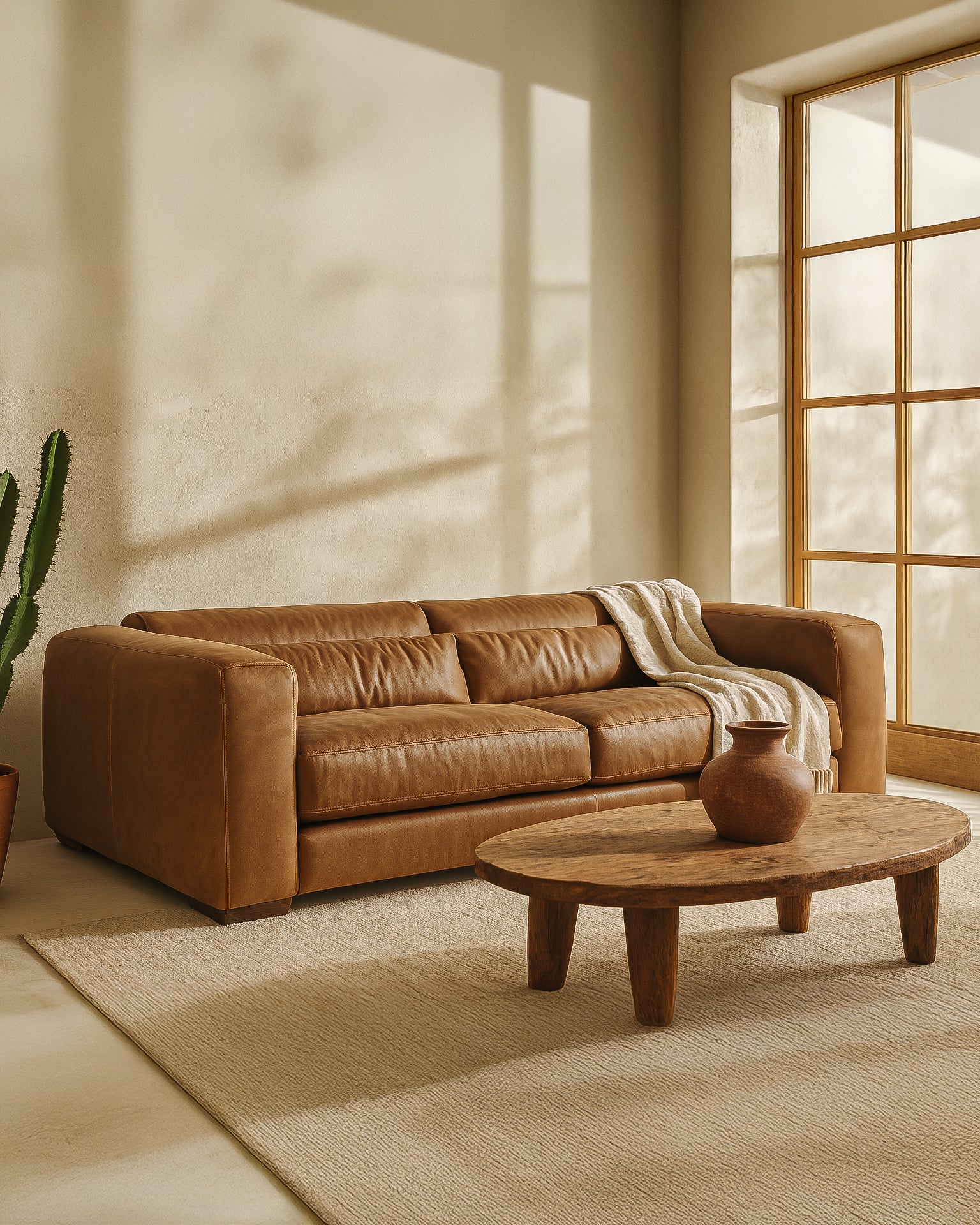 Zanele Three Seater Sofa in tan leather styled with a neutral throw in a modern living room featuring a timber coffee table, cactus planter, and soft natural light