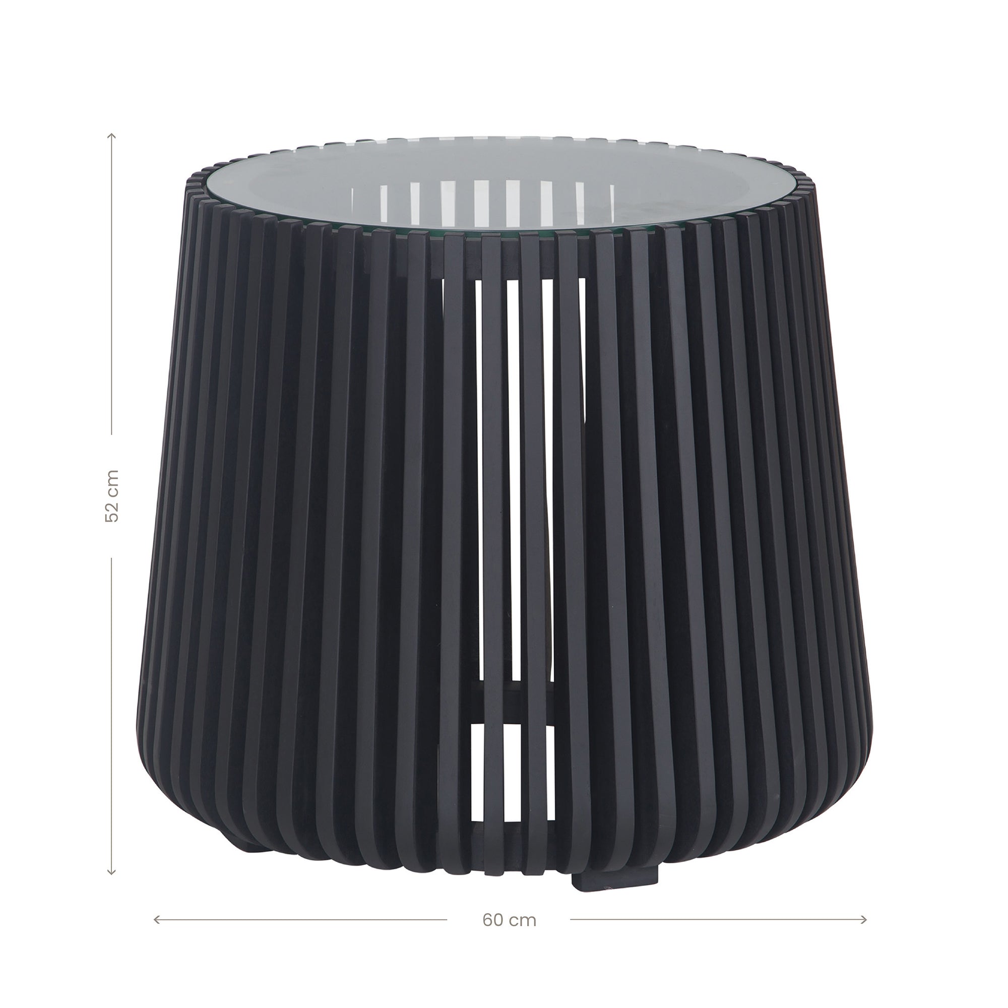 Zania side table in matte black timber with slatted silhouette and round tempered glass top, perfect for modern living spaces