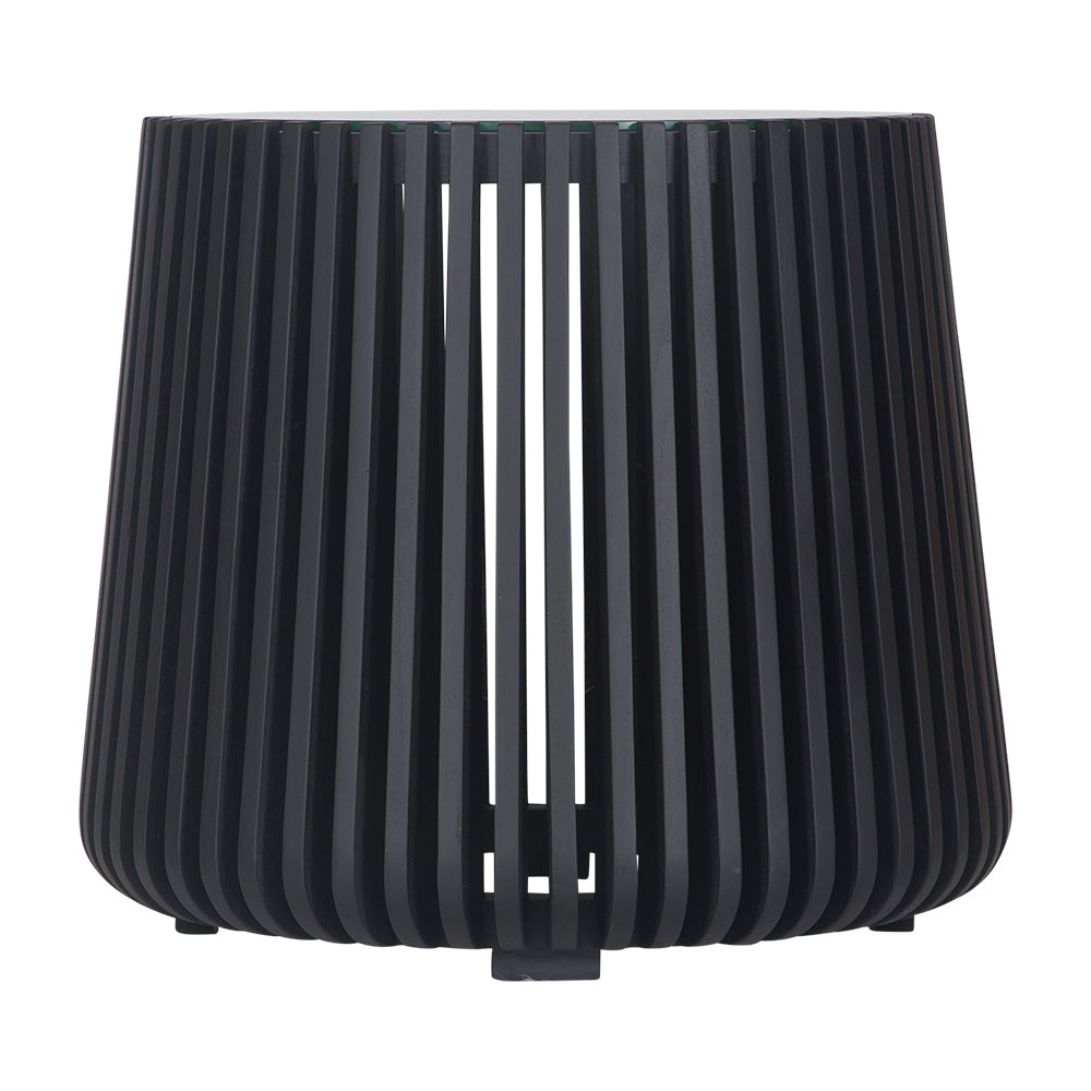 Zania side table in matte black timber with slatted silhouette and round tempered glass top, perfect for modern living spaces