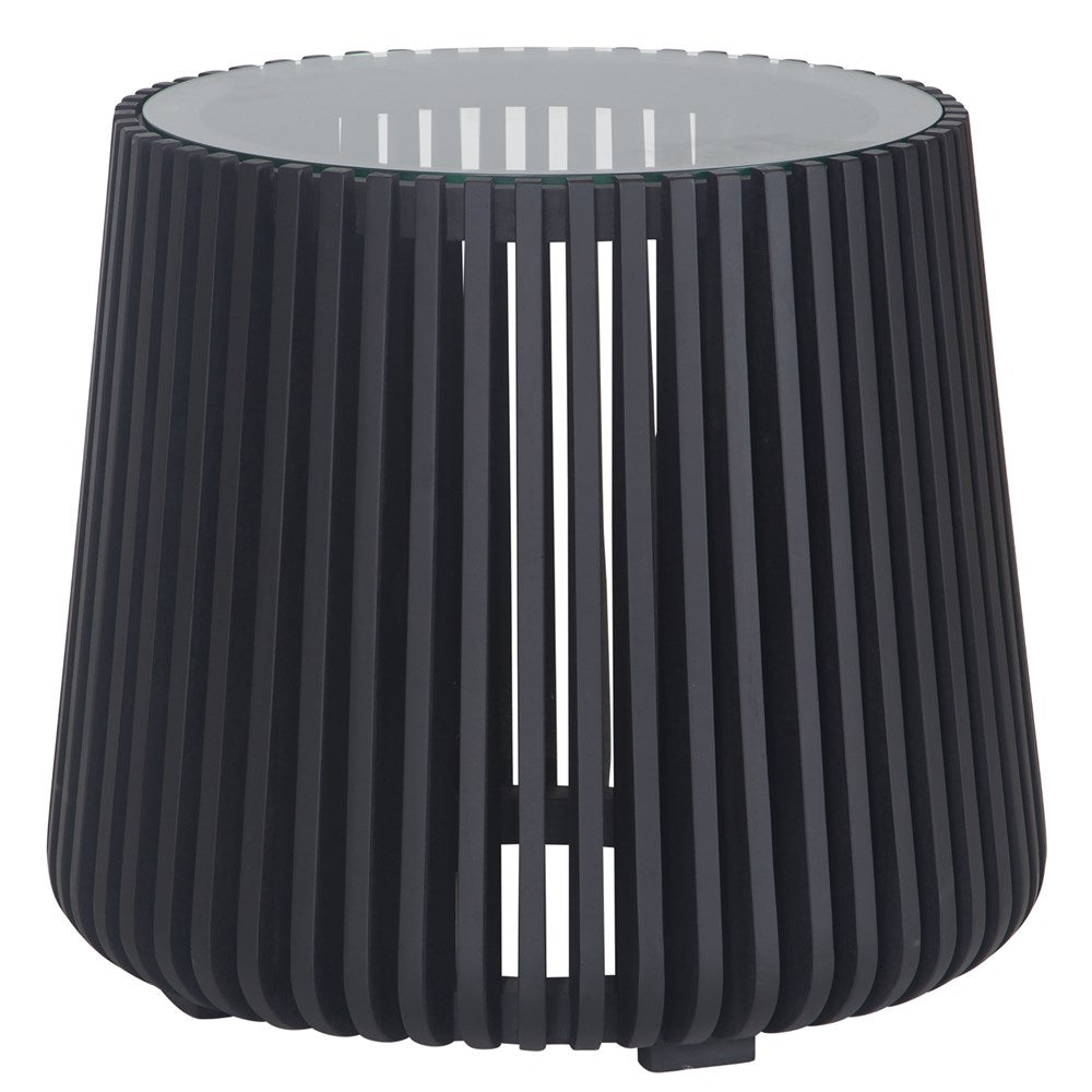 Zania side table in matte black timber with slatted silhouette and round tempered glass top, perfect for modern living spaces