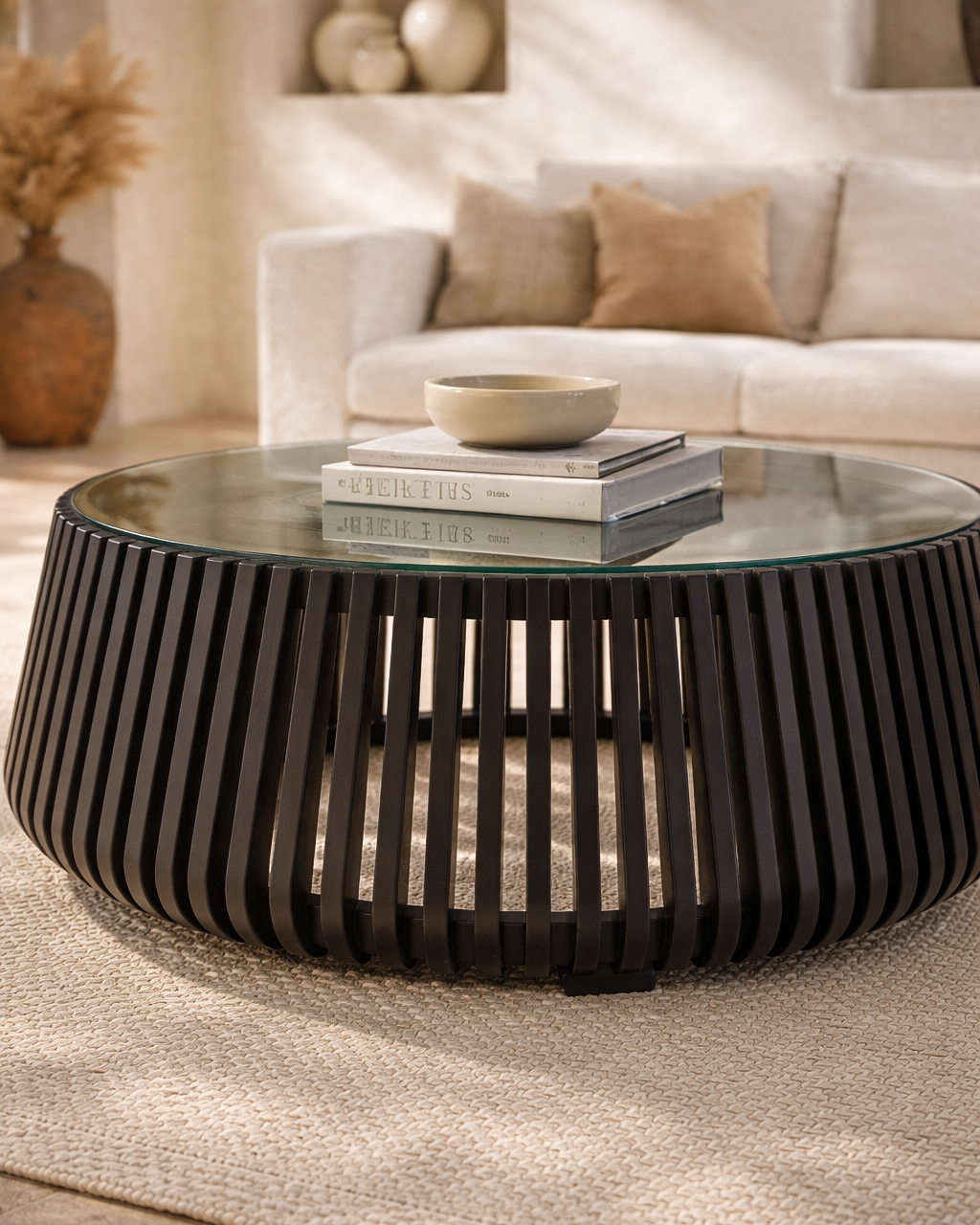 Zania coffee table with black slatted timber base and round glass top, styled on a textured rug in a warm neutral living room with a linen sofa and sculptural décor.