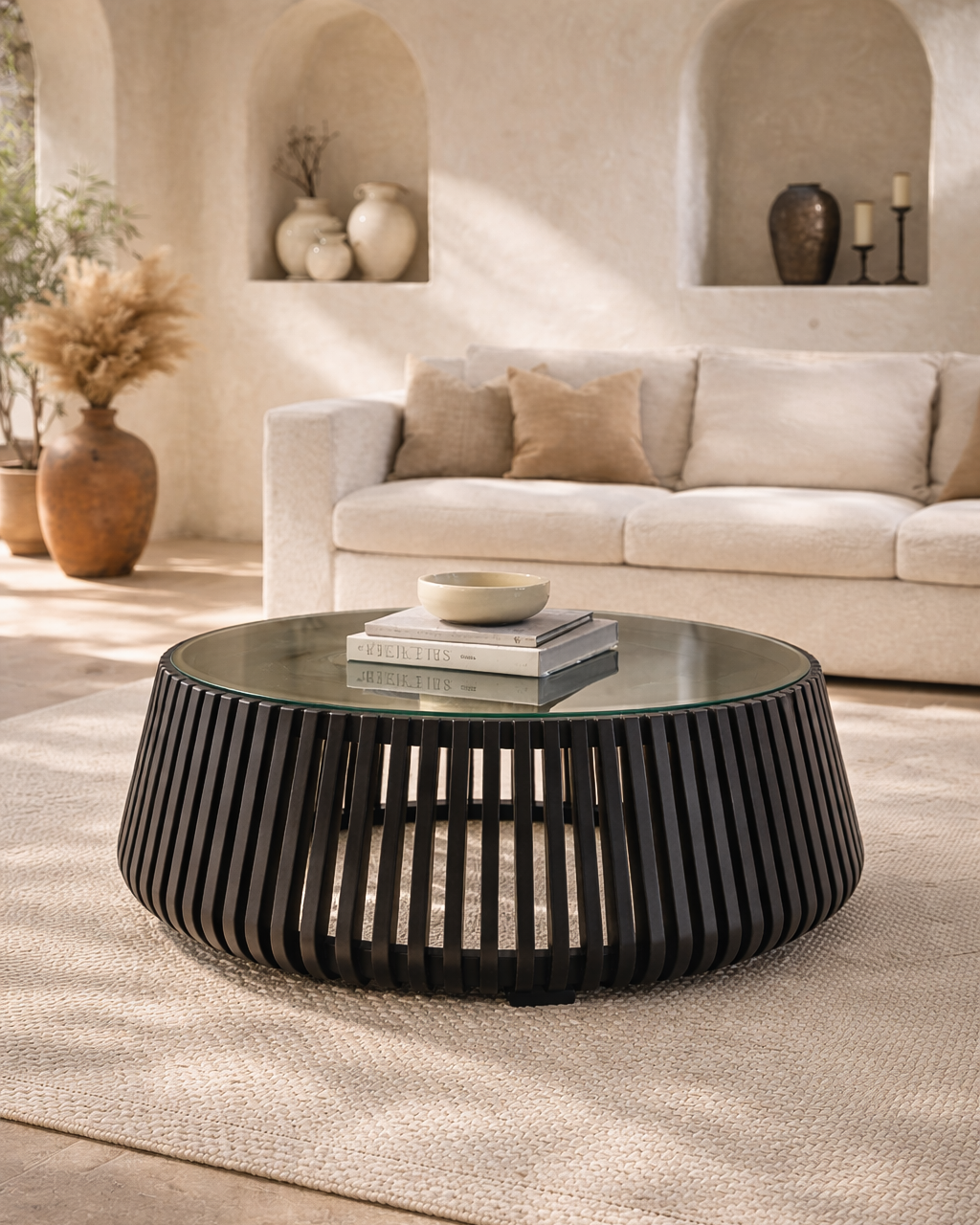 Zania coffee table with black slatted timber base and round glass top, styled on a textured rug in a warm neutral living room with a linen sofa and sculptural décor.