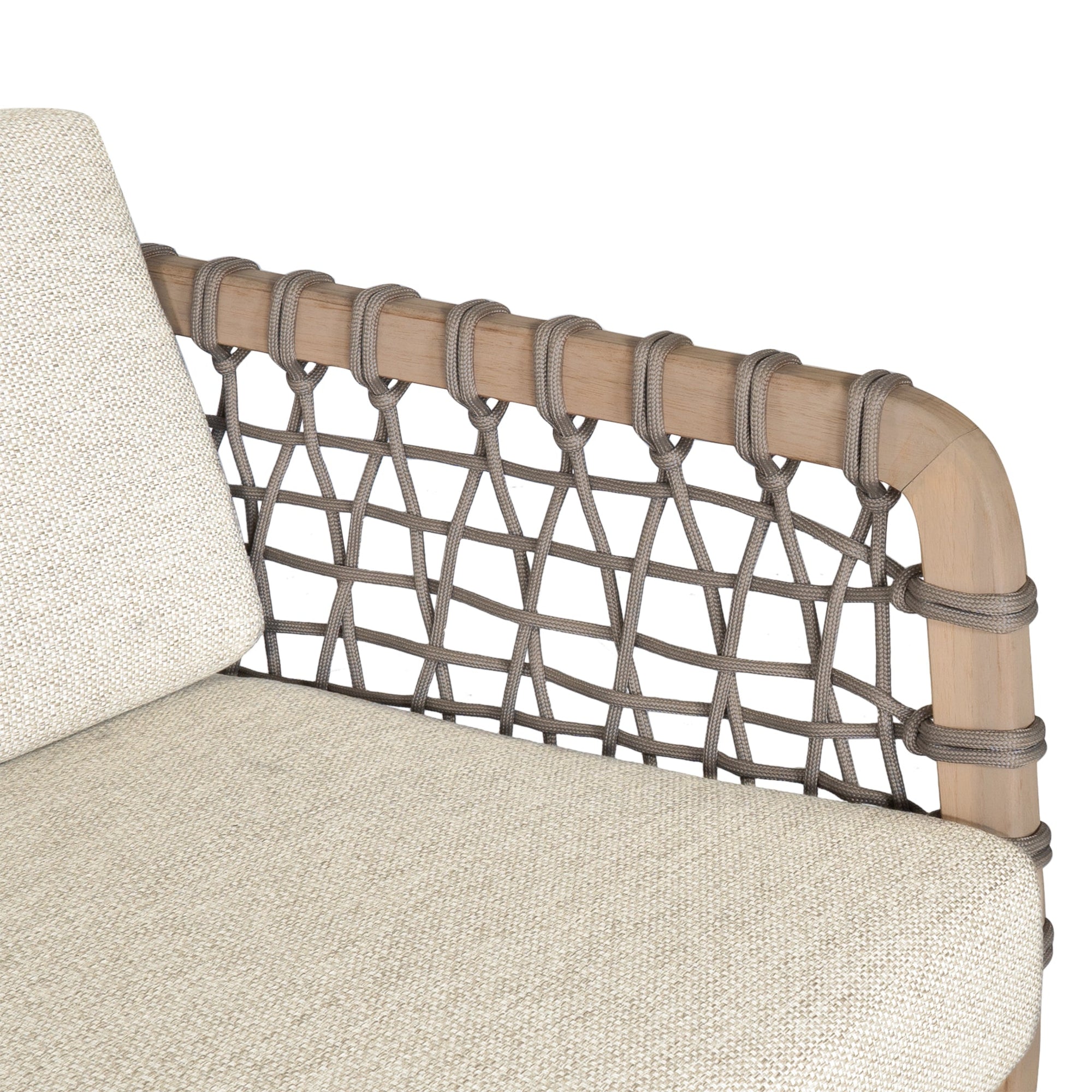 Modern rope sofa with natural wood frame and natural cushions, featuring woven rope detailing for a contemporary and stylish look.