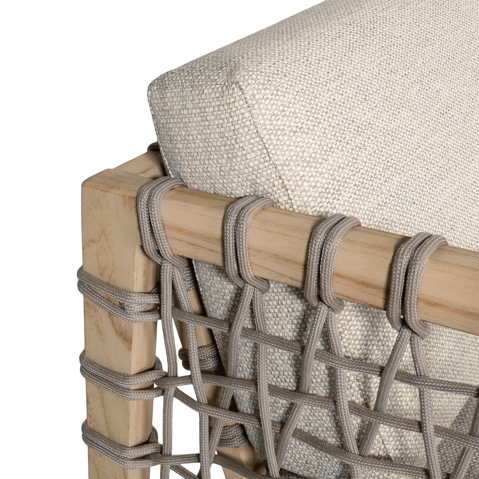 Modern rope sofa with natural wood frame and natural cushions, featuring woven rope detailing for a contemporary and stylish look.