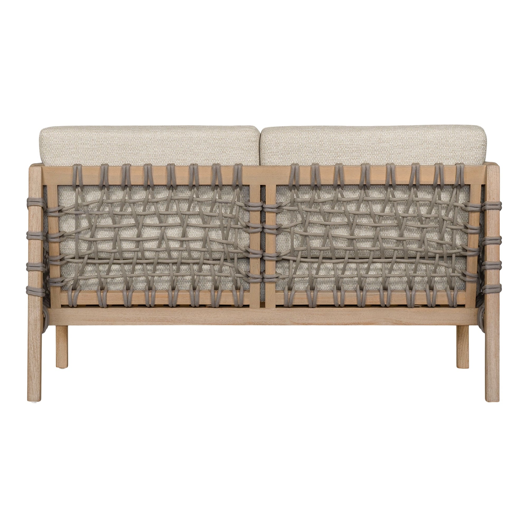 Modern rope sofa with natural wood frame and natural cushions, featuring woven rope detailing for a contemporary and stylish look.