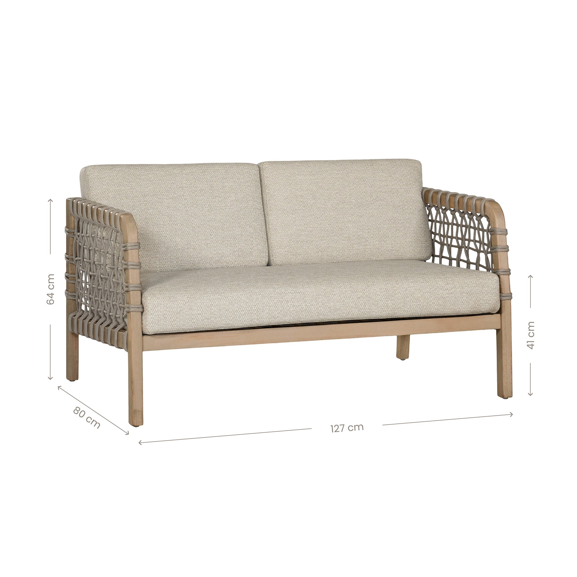 Modern rope sofa with natural wood frame and natural cushions, featuring woven rope detailing for a contemporary and stylish look.