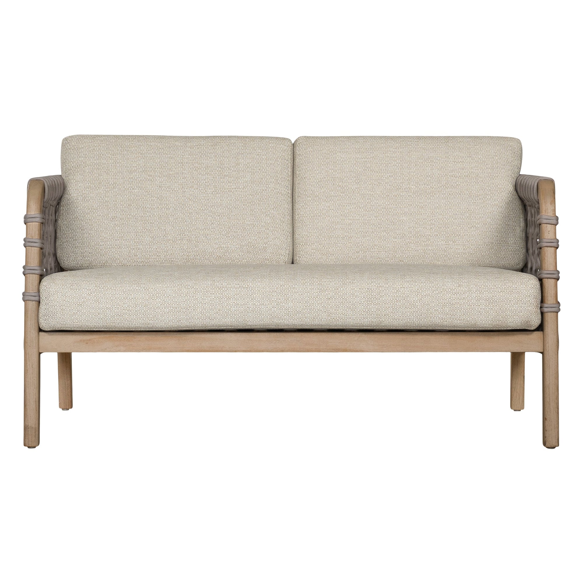 Modern rope sofa with natural wood frame and natural cushions, featuring woven rope detailing for a contemporary and stylish look.