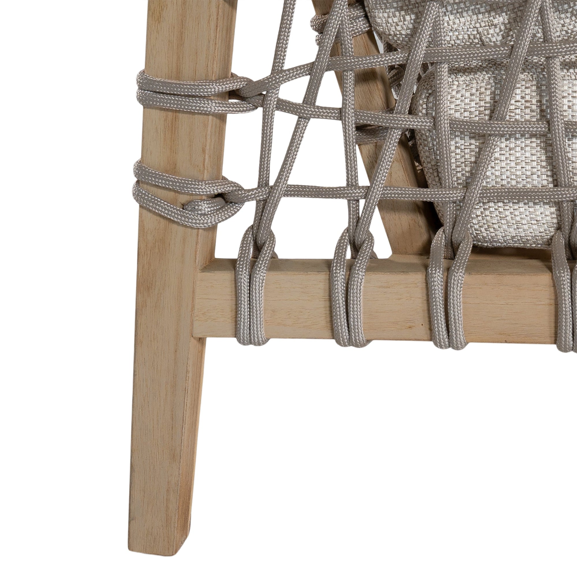 Modern rope sofa with natural wood frame and natural cushions, featuring woven rope detailing for a contemporary and stylish look.