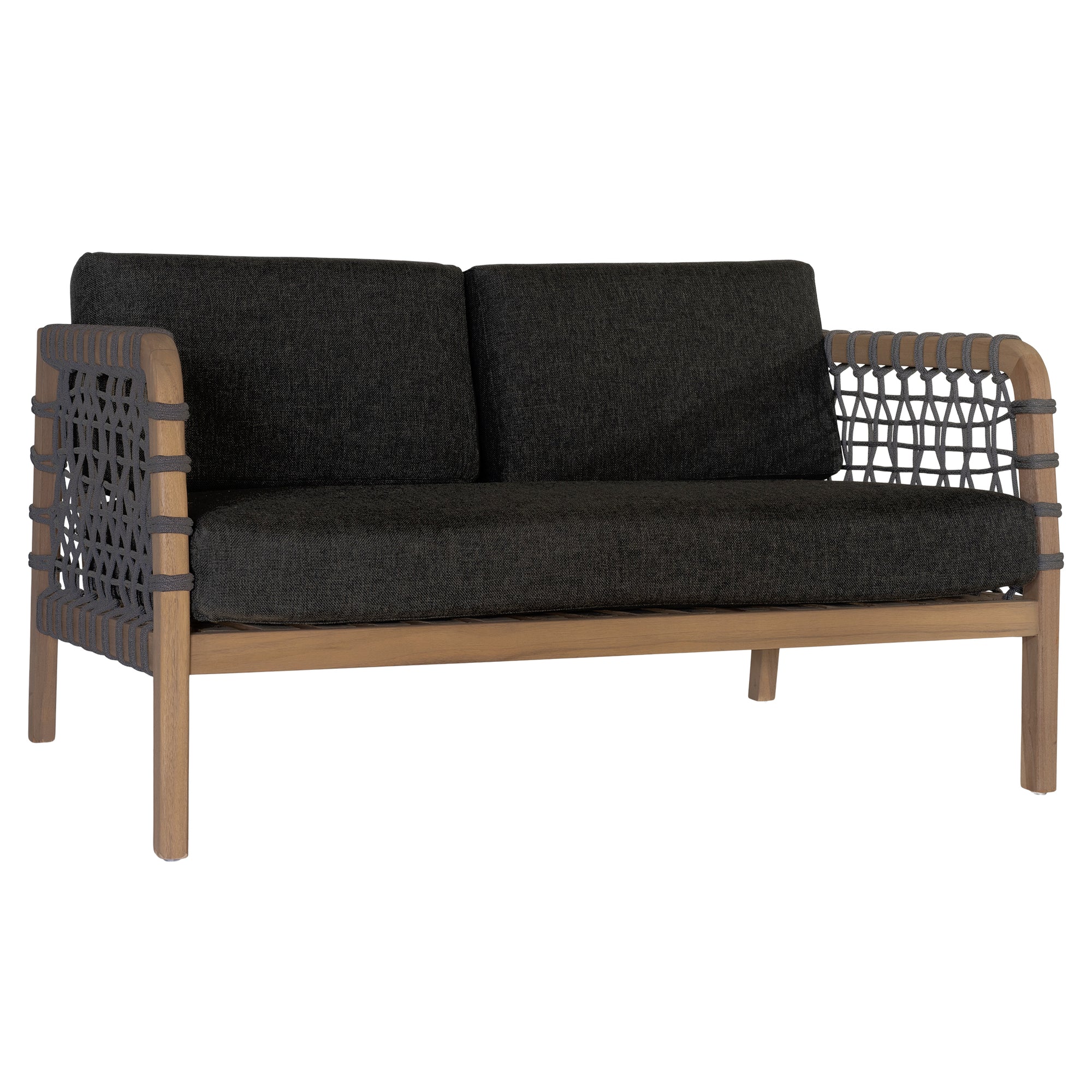 Modern rope sofa with natural wood frame and charcoal cushions, featuring woven rope detailing for a contemporary and stylish look.
