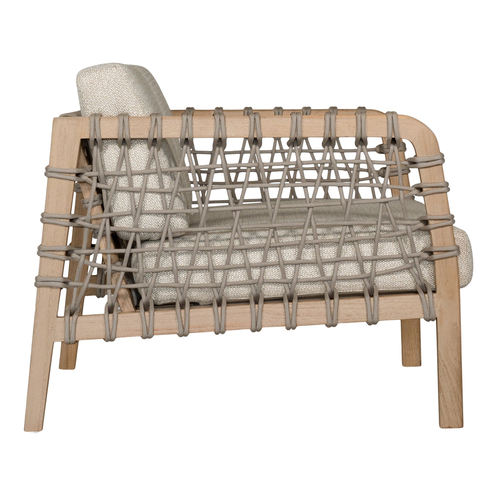 Modern rope sofa with natural wood frame and natural cushions, featuring woven rope detailing for a contemporary and stylish look.