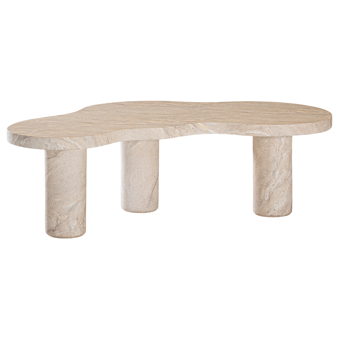 Zuburu coffee table in dune hydro dipped finish with organic shaped top and three cylindrical pedestal legs.