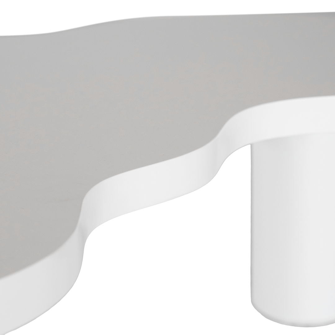 Zuburu coffee table in white concrete finish with organic curved tabletop and cylindrical pillar legs.