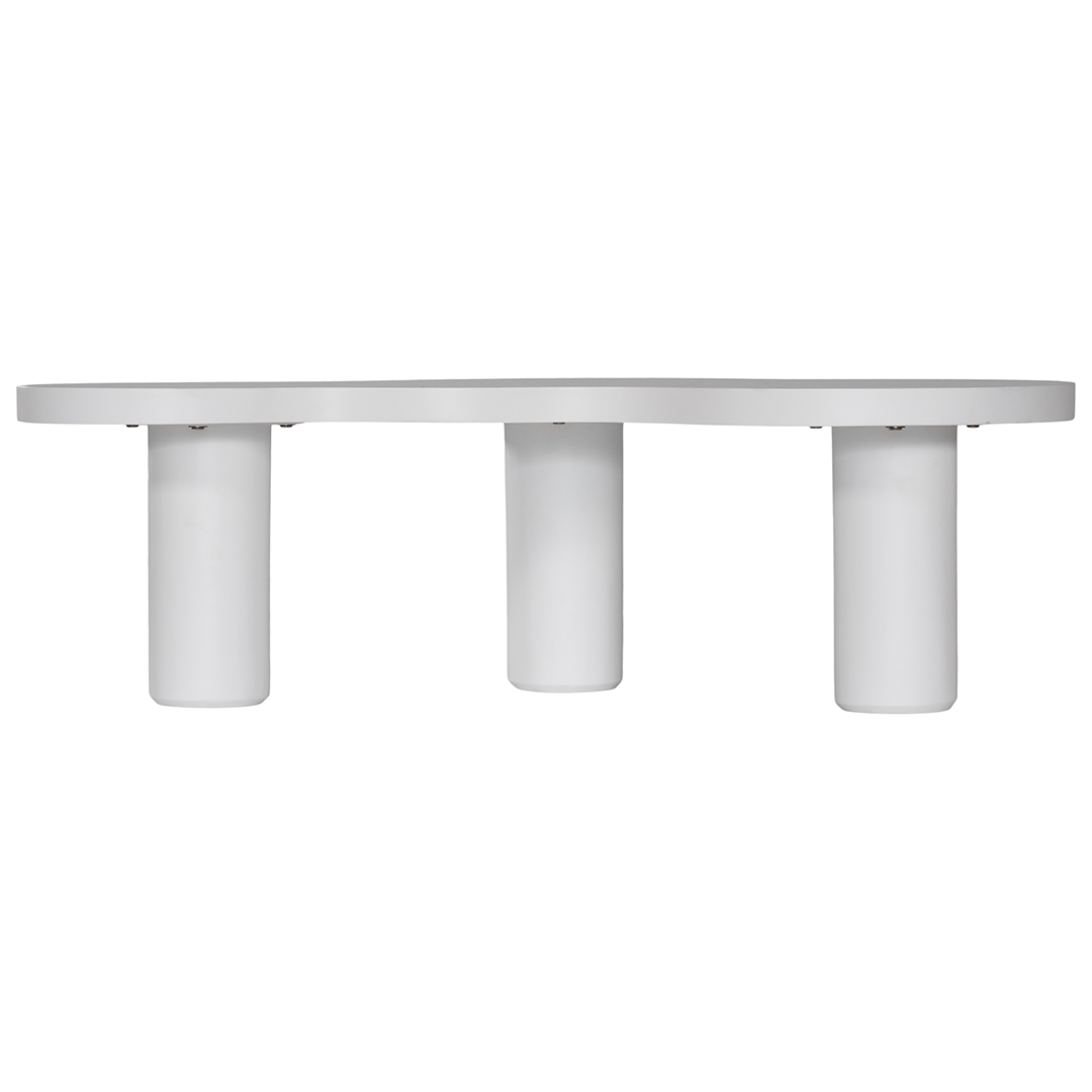 Zuburu coffee table in white concrete finish with organic curved tabletop and cylindrical pillar legs.