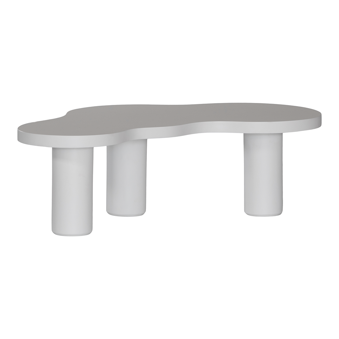 Zuburu coffee table in white concrete finish with organic curved tabletop and cylindrical pillar legs.