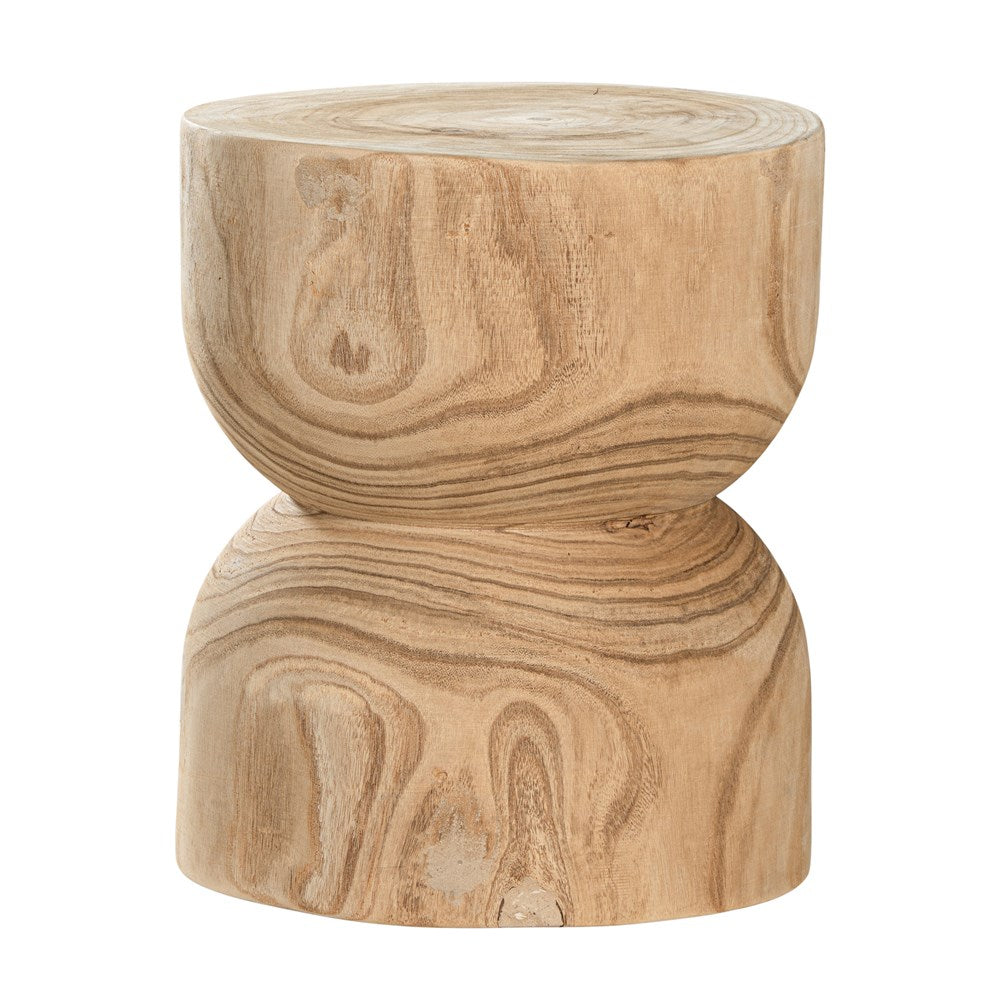 Mava Wooden Stool handcrafted from solid paulownia wood, featuring a sculptural design and natural wood grain, perfect for modern interiors.
