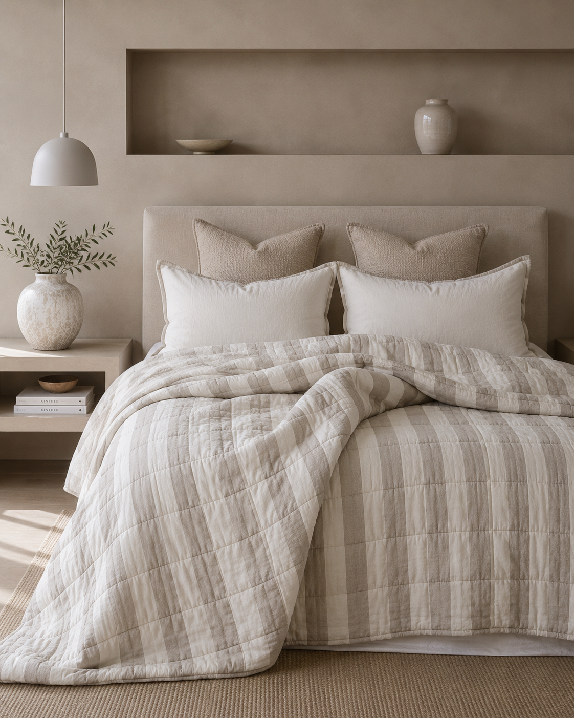 SOL Linen Noemi linen quilted coverlet draped on bed with neutral tones, showcasing elegant bedding design and textured fabric.