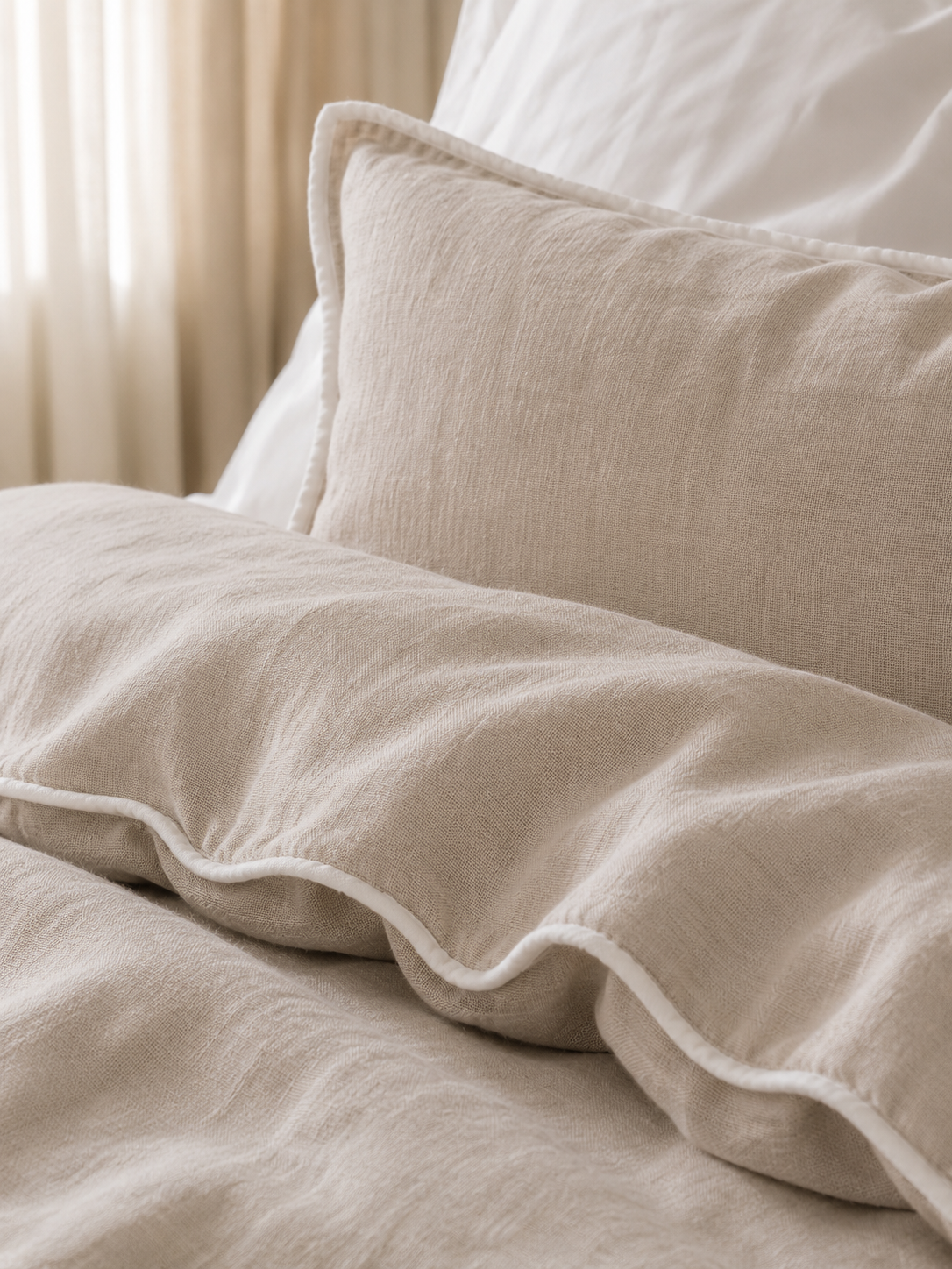 SOL Linen Rowie piped linen duvet cover shown in a cozy bedroom setting, featuring a soft, natural linen fabric with piped edges.