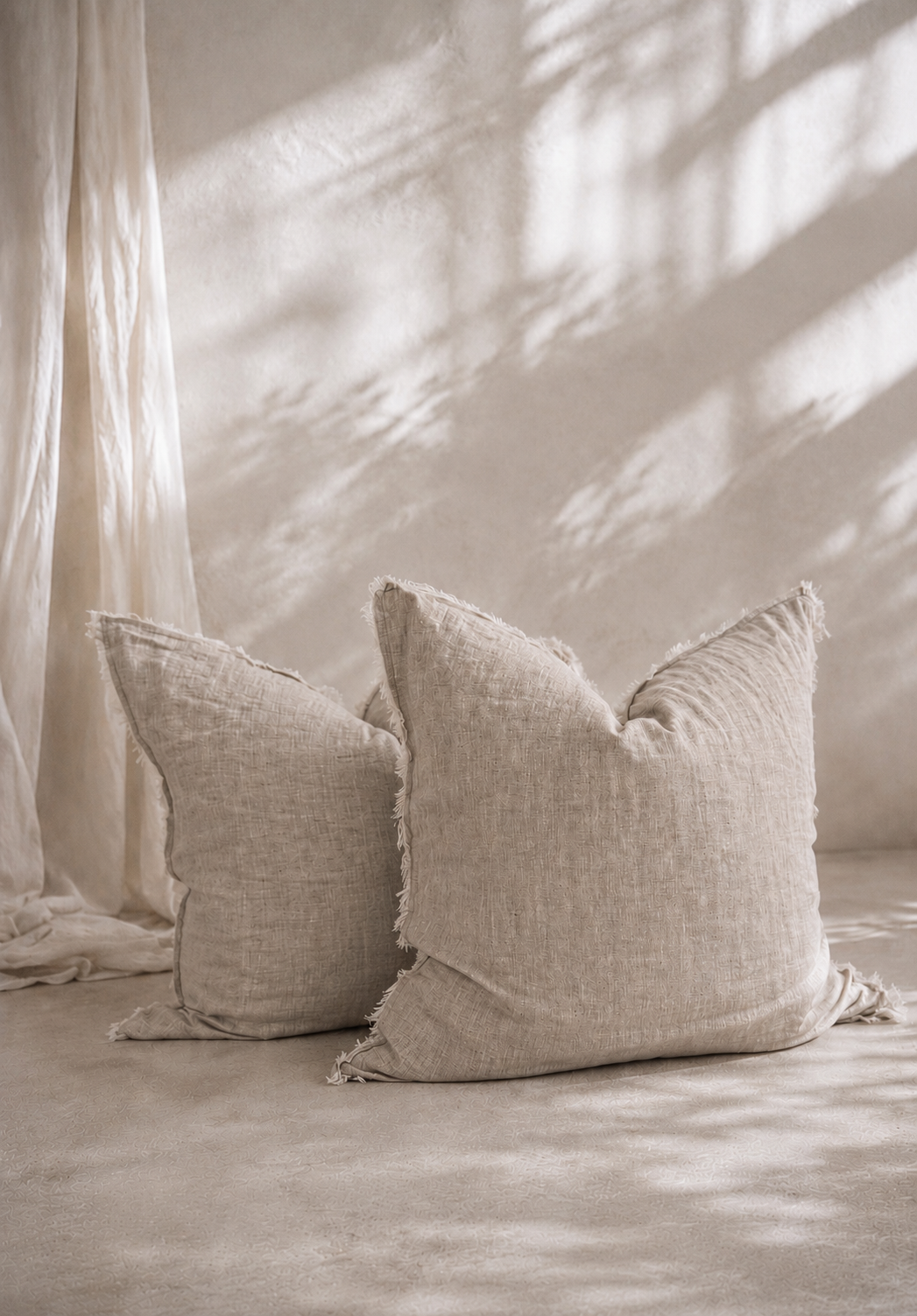 Set of two SOL Linen Sable frayed linen European pillowcases for bedding, showcasing soft, textured fabric and stylish design.