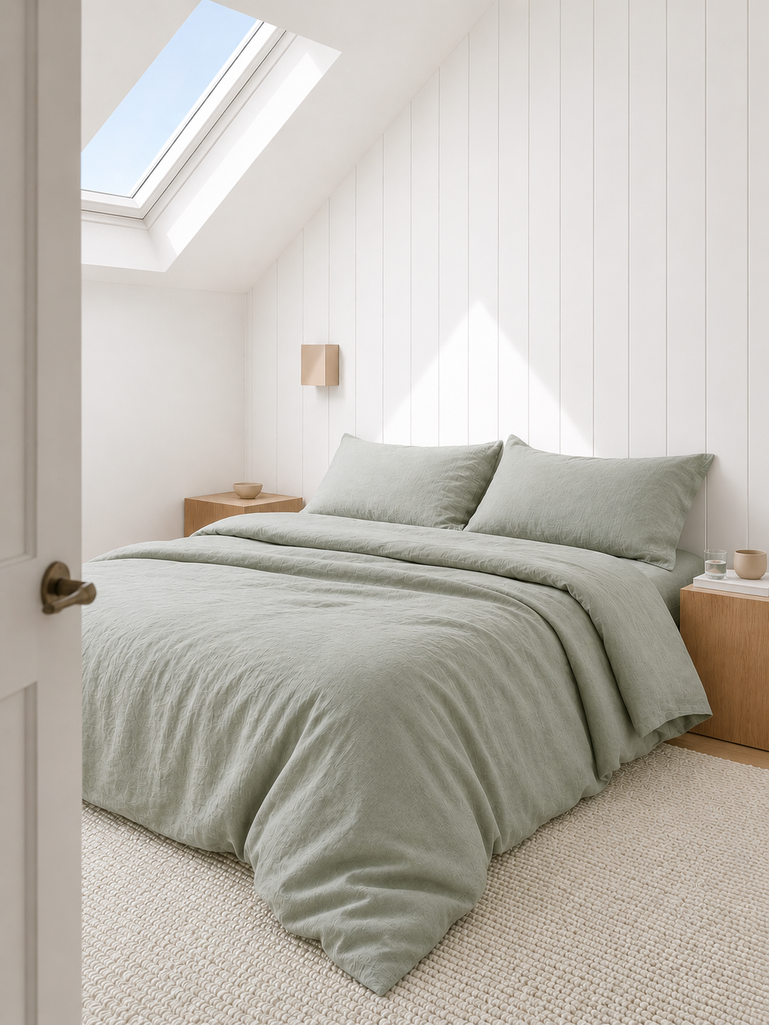 SOL Linen Sea Mist linen duvet cover shown on a bed, featuring soft, breathable fabric in a calming sea mist color.