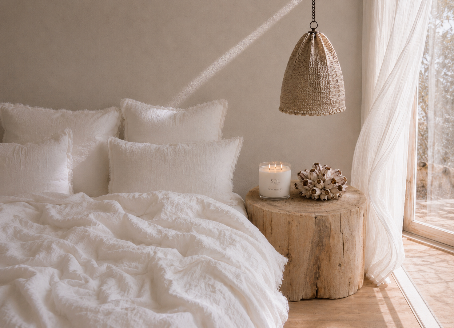 SOL Linen Whistler Frayed Linen Duvet Cover displayed on a bed with a cozy, stylish bedroom setting.