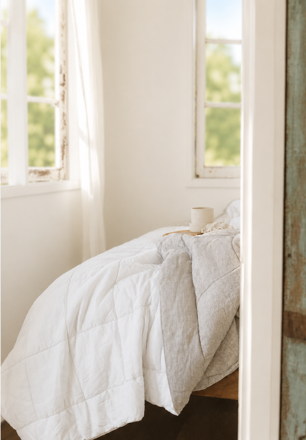 SOL Linen white and ink pinstripe quilted coverlet, stylish bedding with a modern linen design shown in a cozy bedroom setting.