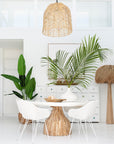 Bright coastal dining setting with white rattan dining chairs, natural wood round table, and woven pendant light. Styled with lush green plants and natural decor accents