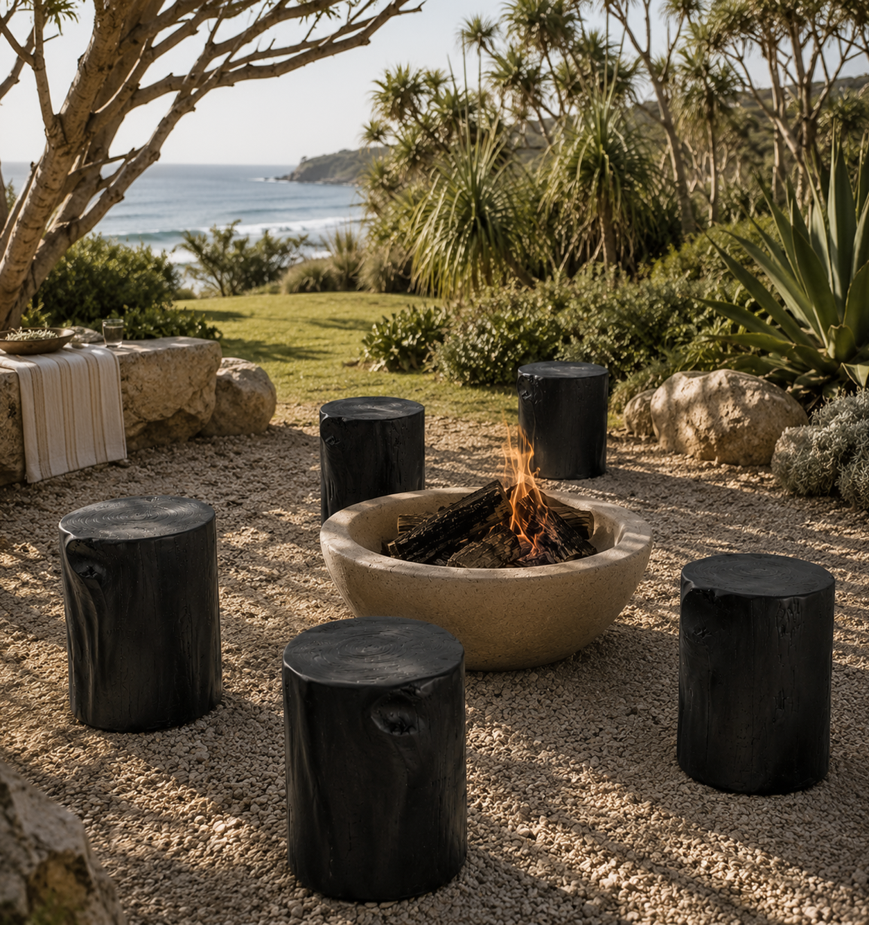 Black magnesium oxide stools arranged around an outdoor fire pit in a coastal garden retreat, creating a relaxed gathering space framed by native greenery and ocean views.